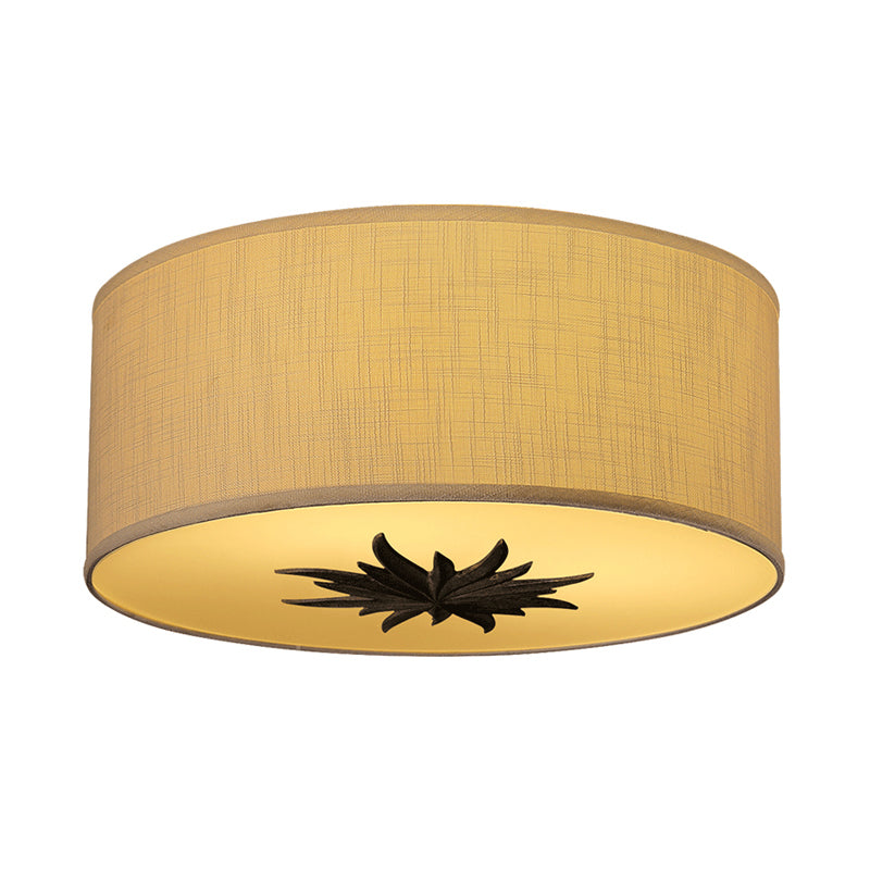 Drum Dining Room Ceiling Lamp Rustic Fabric 3 Bulbs Grey/Beige Flush Mount Lighting with Floral Pattern Beige Clearhalo 'Ceiling Lights' 'Close To Ceiling Lights' 'Close to ceiling' 'Flush mount' Lighting' 1475800