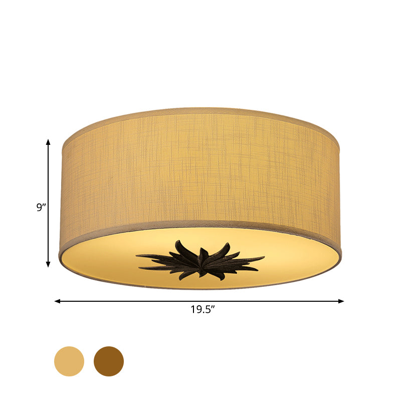 Drum Dining Room Ceiling Lamp Rustic Fabric 3 Bulbs Grey/Beige Flush Mount Lighting with Floral Pattern Clearhalo 'Ceiling Lights' 'Close To Ceiling Lights' 'Close to ceiling' 'Flush mount' Lighting' 1475801