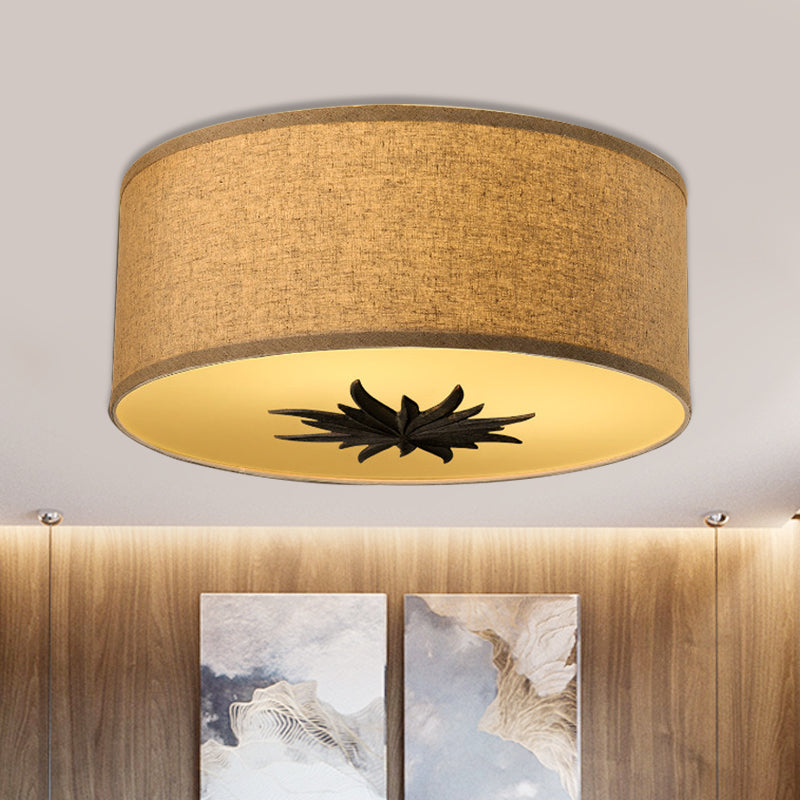 Drum Dining Room Ceiling Lamp Rustic Fabric 3 Bulbs Grey/Beige Flush Mount Lighting with Floral Pattern Clearhalo 'Ceiling Lights' 'Close To Ceiling Lights' 'Close to ceiling' 'Flush mount' Lighting' 1475802