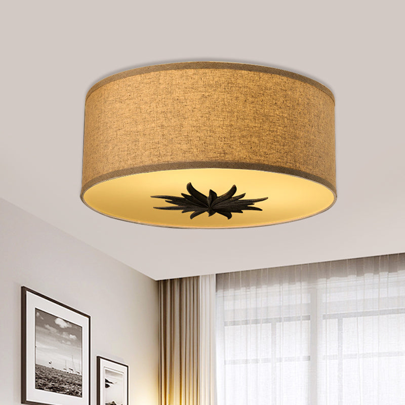 Drum Dining Room Ceiling Lamp Rustic Fabric 3 Bulbs Grey/Beige Flush Mount Lighting with Floral Pattern Clearhalo 'Ceiling Lights' 'Close To Ceiling Lights' 'Close to ceiling' 'Flush mount' Lighting' 1475803