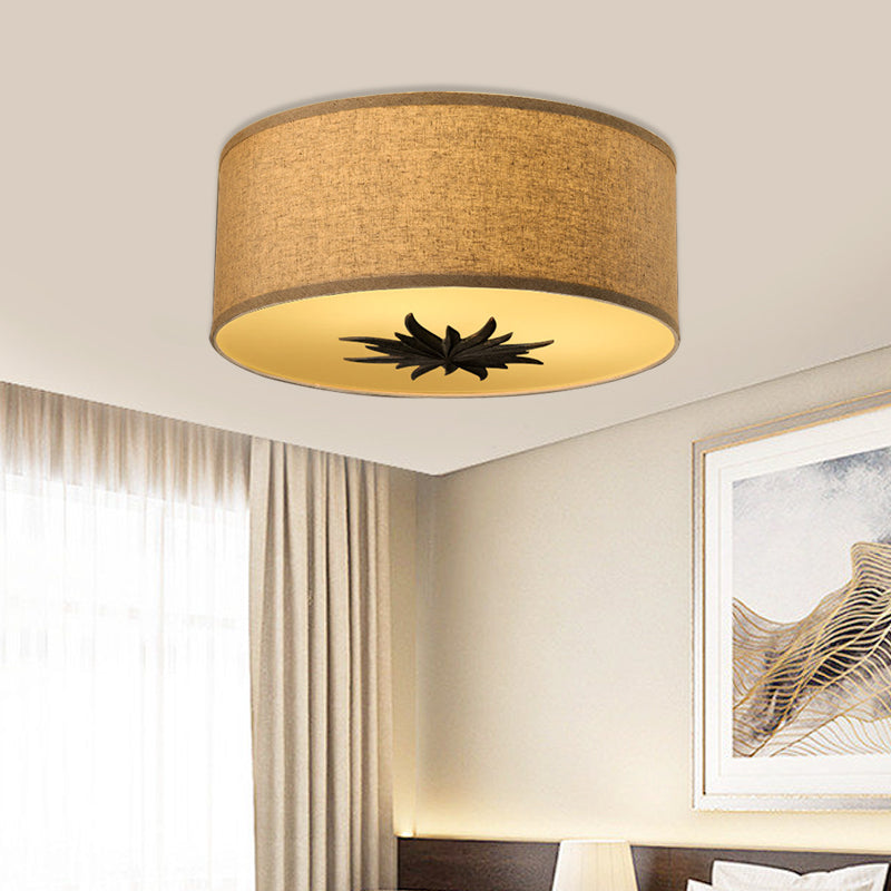 Drum Dining Room Ceiling Lamp Rustic Fabric 3 Bulbs Grey/Beige Flush Mount Lighting with Floral Pattern Clearhalo 'Ceiling Lights' 'Close To Ceiling Lights' 'Close to ceiling' 'Flush mount' Lighting' 1475804