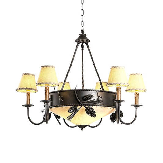 Black 9 Lights Ceiling Lamp Vintage Fabric Tapered Chandelier Pendant Light with Pinecone Deco Clearhalo 'Ceiling Lights' 'Chandeliers' Lighting' options 1475862