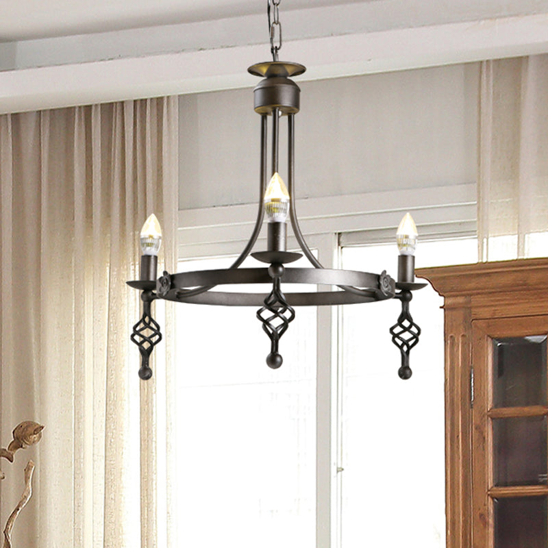 Iron Black Finish Hanging Chandelier Candelabra 3-Light Rustic Suspension Pendant Light with Circle Design Clearhalo 'Ceiling Lights' 'Chandeliers' Lighting' options 1475869