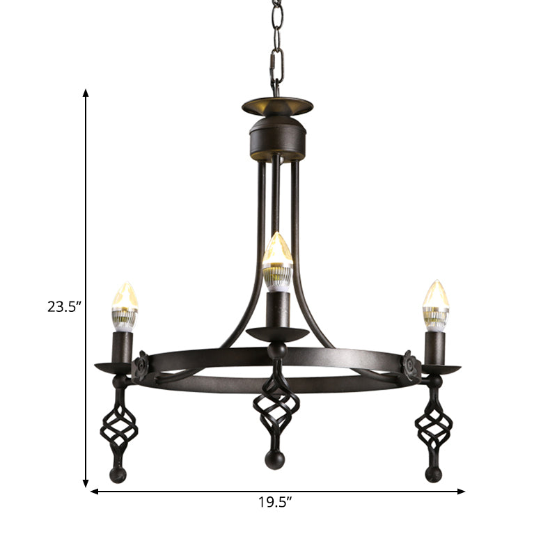 Iron Black Finish Hanging Chandelier Candelabra 3-Light Rustic Suspension Pendant Light with Circle Design Clearhalo 'Ceiling Lights' 'Chandeliers' Lighting' options 1475873