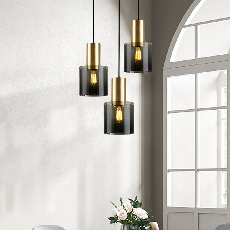 Retro Jar Smoke Grey Glass Pendant 1 Bulb Hanging Light Fixture with Brass Top over Kitchen Countertop Clearhalo 'Ceiling Lights' 'Glass shade' 'Glass' 'Modern Pendants' 'Modern' 'Pendant Lights' 'Pendants' Lighting' 1475899