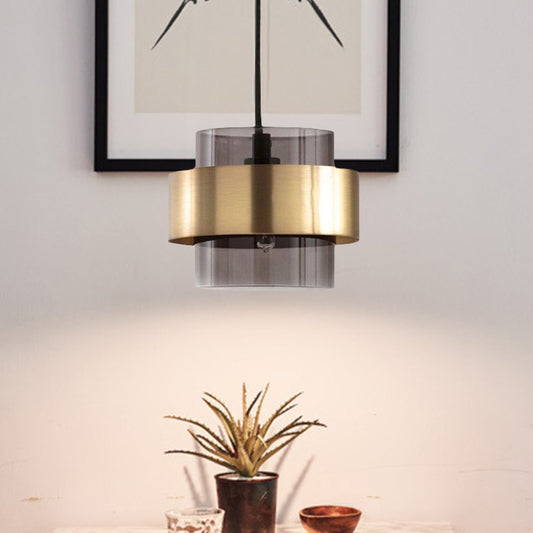 Smoke Grey Glass Pillar Pendant Light Mid Century Single-Bulb Hanging Ceiling Light with Gold Ring Guard over Table Gold Clearhalo 'Ceiling Lights' 'Glass shade' 'Glass' 'Modern Pendants' 'Modern' 'Pendant Lights' 'Pendants' Lighting' 1475903