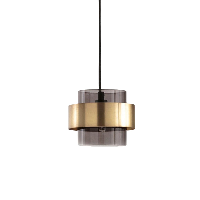 Smoke Grey Glass Pillar Pendant Light Mid Century Single-Bulb Hanging Ceiling Light with Gold Ring Guard over Table Clearhalo 'Ceiling Lights' 'Glass shade' 'Glass' 'Modern Pendants' 'Modern' 'Pendant Lights' 'Pendants' Lighting' 1475905