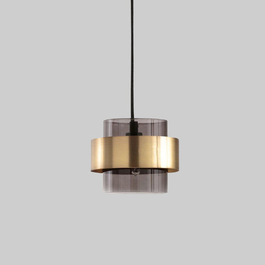 Smoke Grey Glass Pillar Pendant Light Mid Century Single-Bulb Hanging Ceiling Light with Gold Ring Guard over Table Clearhalo 'Ceiling Lights' 'Glass shade' 'Glass' 'Modern Pendants' 'Modern' 'Pendant Lights' 'Pendants' Lighting' 1475906