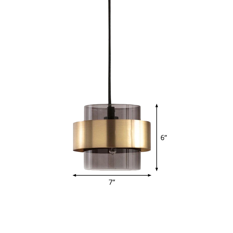 Smoke Grey Glass Pillar Pendant Light Mid Century Single-Bulb Hanging Ceiling Light with Gold Ring Guard over Table Clearhalo 'Ceiling Lights' 'Glass shade' 'Glass' 'Modern Pendants' 'Modern' 'Pendant Lights' 'Pendants' Lighting' 1475907