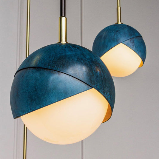 Milk Glass Mini Globe Pendant Light Vintage 1 Light Hanging Ceiling Light with Blue Double Dome Cap Blue Clearhalo 'Ceiling Lights' 'Glass shade' 'Glass' 'Modern Pendants' 'Modern' 'Pendant Lights' 'Pendants' Lighting' 1475946