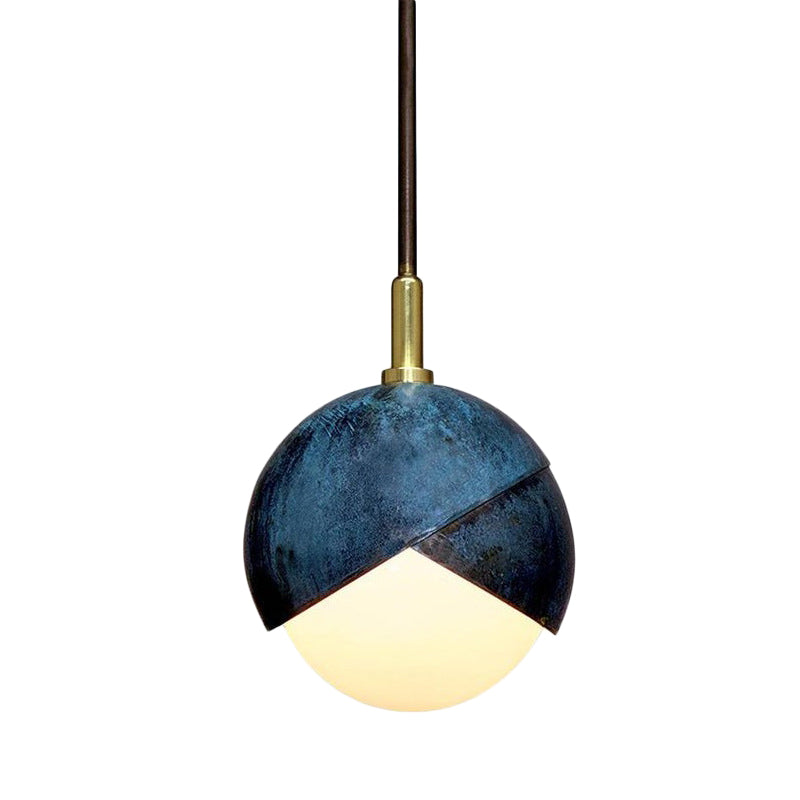 Milk Glass Mini Globe Pendant Light Vintage 1 Light Hanging Ceiling Light with Blue Double Dome Cap Clearhalo 'Ceiling Lights' 'Glass shade' 'Glass' 'Modern Pendants' 'Modern' 'Pendant Lights' 'Pendants' Lighting' 1475948