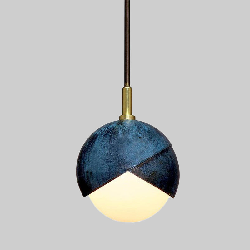 Milk Glass Mini Globe Pendant Light Vintage 1 Light Hanging Ceiling Light with Blue Double Dome Cap Clearhalo 'Ceiling Lights' 'Glass shade' 'Glass' 'Modern Pendants' 'Modern' 'Pendant Lights' 'Pendants' Lighting' 1475949