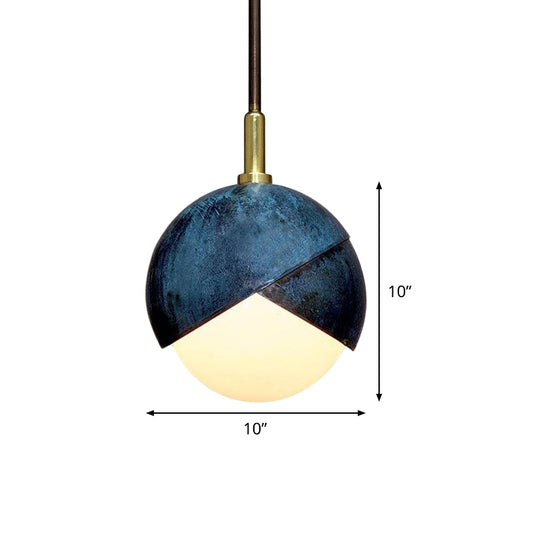Milk Glass Mini Globe Pendant Light Vintage 1 Light Hanging Ceiling Light with Blue Double Dome Cap Clearhalo 'Ceiling Lights' 'Glass shade' 'Glass' 'Modern Pendants' 'Modern' 'Pendant Lights' 'Pendants' Lighting' 1475950