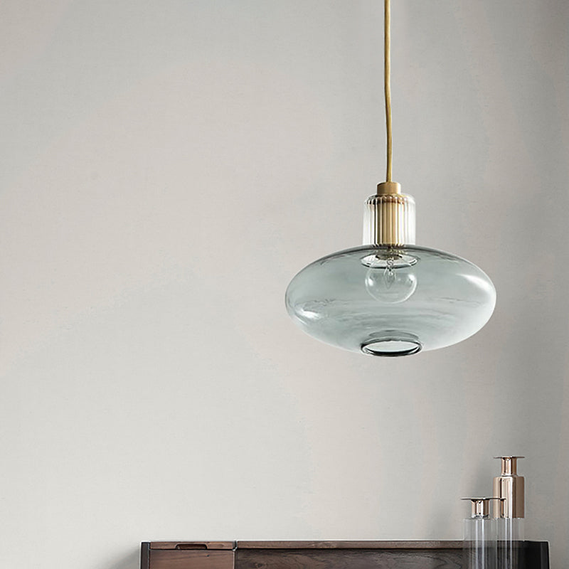 Oval Hanging Light Fixture Mid Century Blue Open Glass 1 Bulb Dining Room Pendant Lighting with Brass Cork Gold Clearhalo 'Ceiling Lights' 'Chandeliers' 'Glass shade' 'Glass' 'Modern Pendants' 'Modern' 'Pendant Lights' 'Pendants' Lighting' 1475956