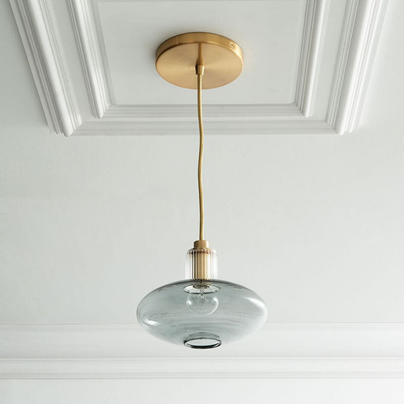 Oval Hanging Light Fixture Mid Century Blue Open Glass 1 Bulb Dining Room Pendant Lighting with Brass Cork Clearhalo 'Ceiling Lights' 'Chandeliers' 'Glass shade' 'Glass' 'Modern Pendants' 'Modern' 'Pendant Lights' 'Pendants' Lighting' 1475957