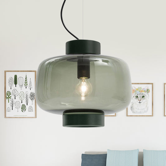 1 Head Bistro Pendant Light Vintage Black Hanging Lamp Kit with Drum Smoke Glass Shade Clearhalo 'Ceiling Lights' 'Glass shade' 'Glass' 'Modern Pendants' 'Modern' 'Pendant Lights' 'Pendants' Lighting' 1475962