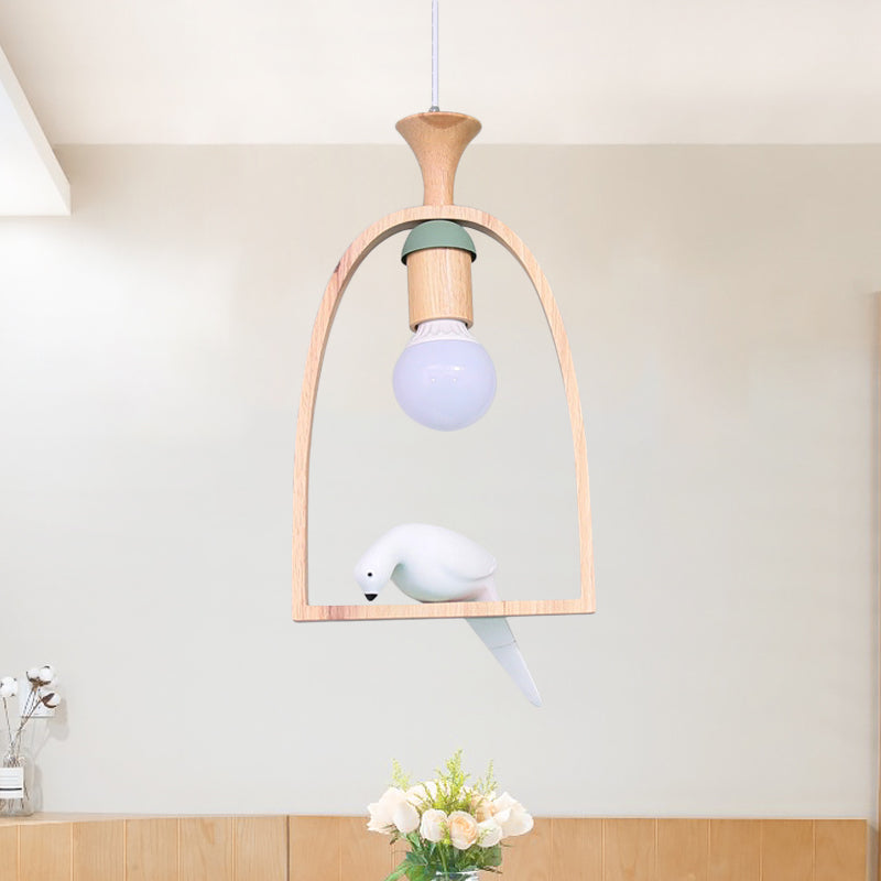 Single Dinette Hanging Pendant Nordic Green/White Ceiling Light with Arch Wood Frame and Bird Decoration Green Clearhalo 'Ceiling Lights' 'Modern Pendants' 'Modern' 'Pendant Lights' 'Pendants' Lighting' 1475976