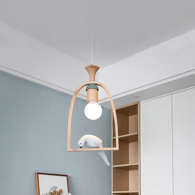 Single Dinette Hanging Pendant Nordic Green/White Ceiling Light with Arch Wood Frame and Bird Decoration Clearhalo 'Ceiling Lights' 'Modern Pendants' 'Modern' 'Pendant Lights' 'Pendants' Lighting' 1475977