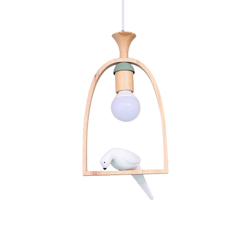 Single Dinette Hanging Pendant Nordic Green/White Ceiling Light with Arch Wood Frame and Bird Decoration Clearhalo 'Ceiling Lights' 'Modern Pendants' 'Modern' 'Pendant Lights' 'Pendants' Lighting' 1475978