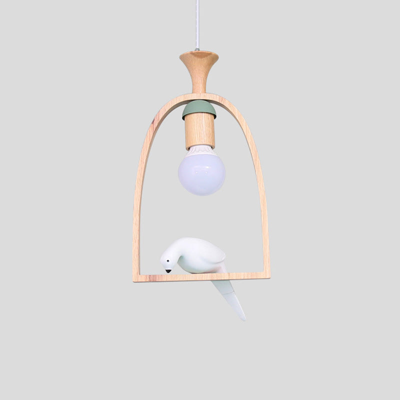 Single Dinette Hanging Pendant Nordic Green/White Ceiling Light with Arch Wood Frame and Bird Decoration Clearhalo 'Ceiling Lights' 'Modern Pendants' 'Modern' 'Pendant Lights' 'Pendants' Lighting' 1475979