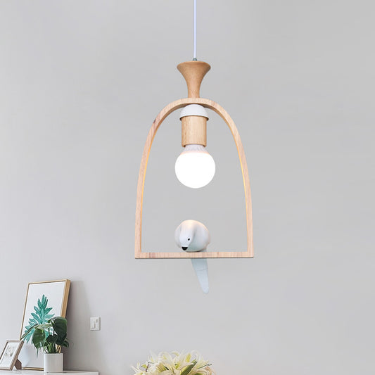 Single Dinette Hanging Pendant Nordic Green/White Ceiling Light with Arch Wood Frame and Bird Decoration Clearhalo 'Ceiling Lights' 'Modern Pendants' 'Modern' 'Pendant Lights' 'Pendants' Lighting' 1475981