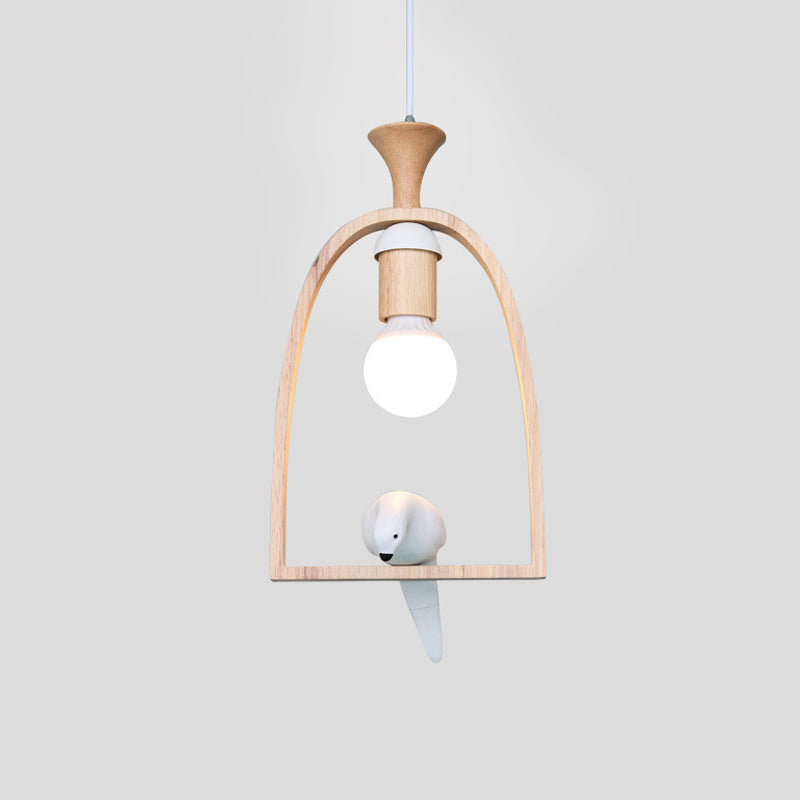 Single Dinette Hanging Pendant Nordic Green/White Ceiling Light with Arch Wood Frame and Bird Decoration Clearhalo 'Ceiling Lights' 'Modern Pendants' 'Modern' 'Pendant Lights' 'Pendants' Lighting' 1475984