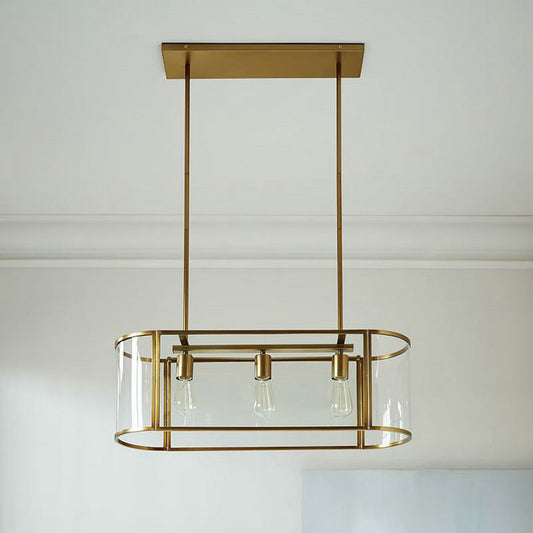 Oval Cage Pendant Ceiling Light Mid Century Translucent Glass 3 Heads Gold Suspended Lighting Fixture over Table Gold Clearhalo 'Ceiling Lights' 'Glass shade' 'Glass' 'Island Lights' 'Pendant Lights' Lighting' 1475985