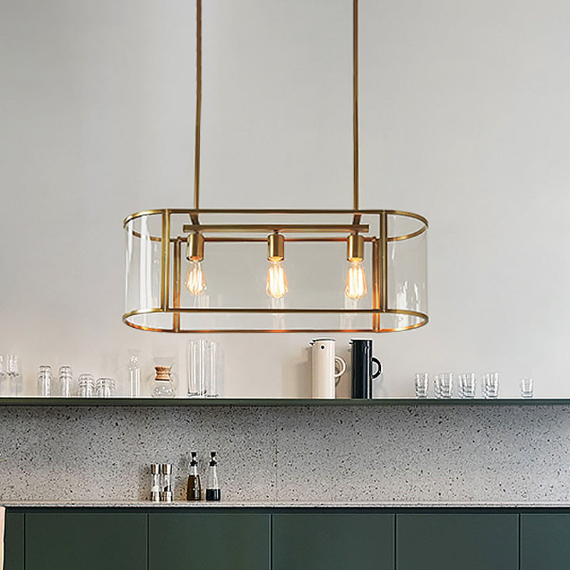 Oval Cage Pendant Ceiling Light Mid Century Translucent Glass 3 Heads Gold Suspended Lighting Fixture over Table Clearhalo 'Ceiling Lights' 'Glass shade' 'Glass' 'Island Lights' 'Pendant Lights' Lighting' 1475986