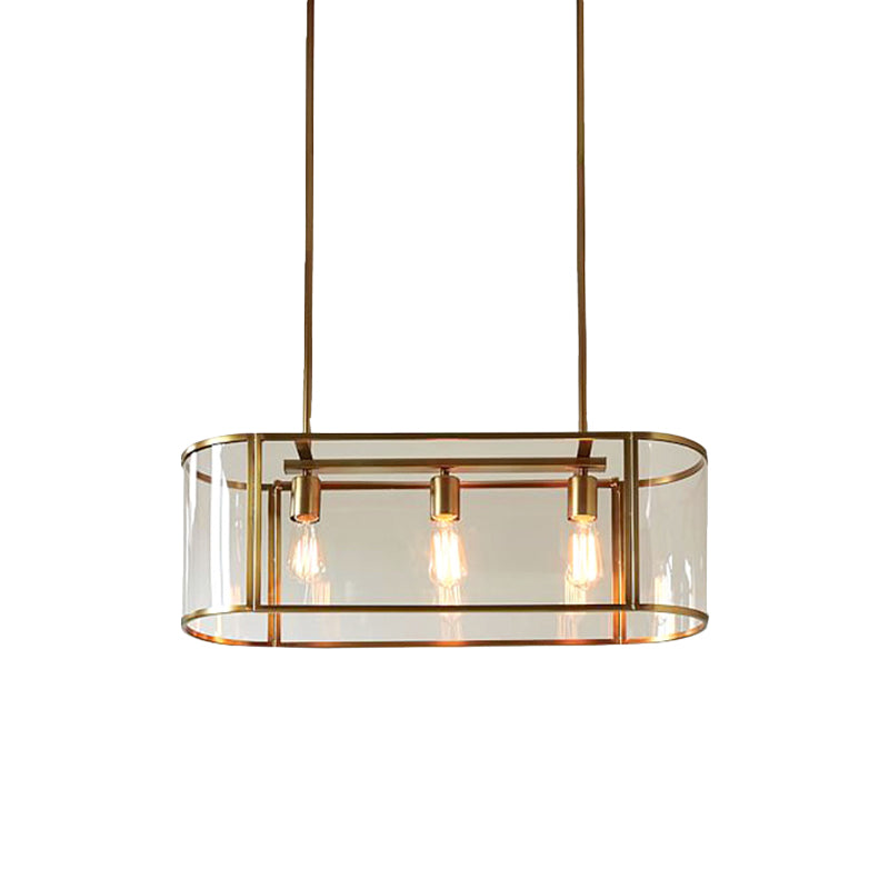 Oval Cage Pendant Ceiling Light Mid Century Translucent Glass 3 Heads Gold Suspended Lighting Fixture over Table Clearhalo 'Ceiling Lights' 'Glass shade' 'Glass' 'Island Lights' 'Pendant Lights' Lighting' 1475987