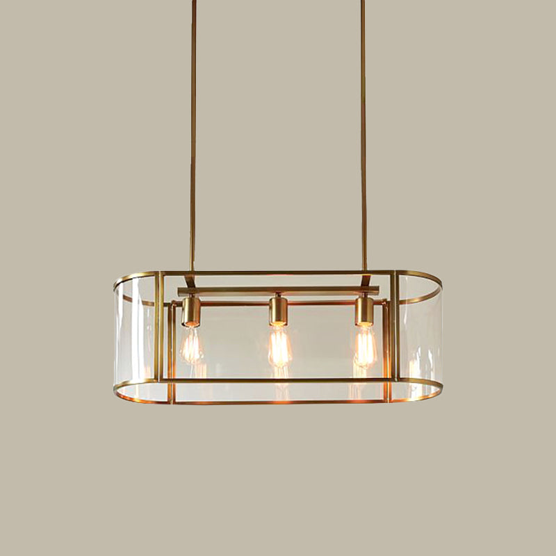 Oval Cage Pendant Ceiling Light Mid Century Translucent Glass 3 Heads Gold Suspended Lighting Fixture over Table Clearhalo 'Ceiling Lights' 'Glass shade' 'Glass' 'Island Lights' 'Pendant Lights' Lighting' 1475988