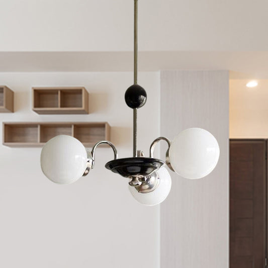 Mid Century 3 Bulbs Chandelier Metal Chrome Saucer Drop Lamp with Globe Opaline Frosted Glass Shade Chrome Clearhalo 'Ceiling Lights' 'Chandeliers' 'Glass shade' 'Glass' 'Modern Chandeliers' 'Modern' Lighting' 1476010