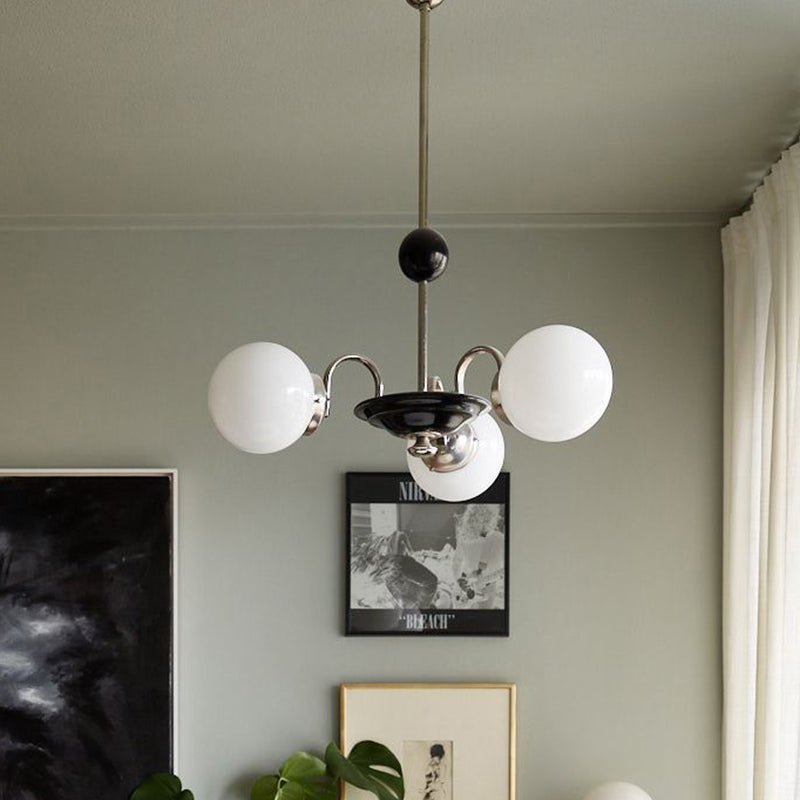 Mid Century 3 Bulbs Chandelier Metal Chrome Saucer Drop Lamp with Globe Opaline Frosted Glass Shade Clearhalo 'Ceiling Lights' 'Chandeliers' 'Glass shade' 'Glass' 'Modern Chandeliers' 'Modern' Lighting' 1476011