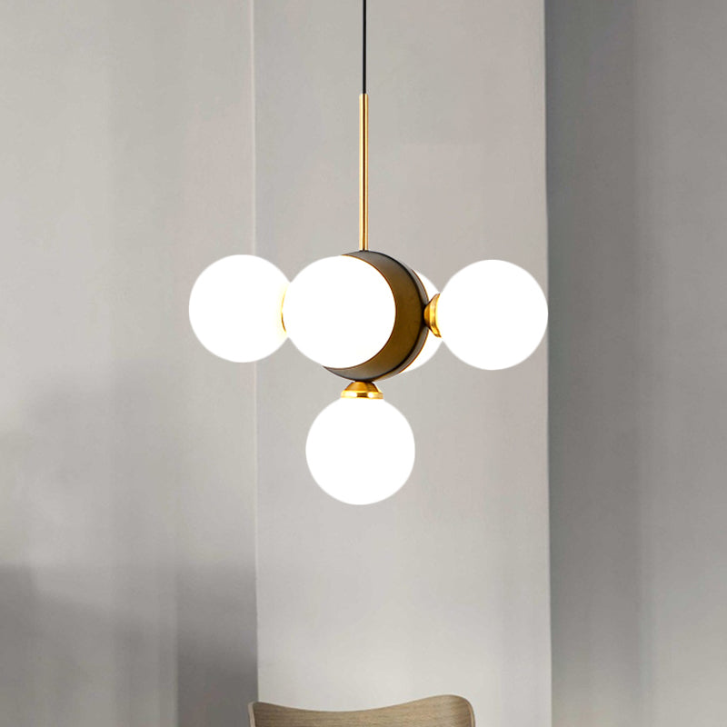 Orbs Restaurant Chandelier Pendant White/Amber Glass 5 Lights Mid Century Ceiling Suspension Lamp with Burst Design Clearhalo 'Ceiling Lights' 'Chandeliers' 'Glass shade' 'Glass' 'Modern Chandeliers' 'Modern' Lighting' 1476015