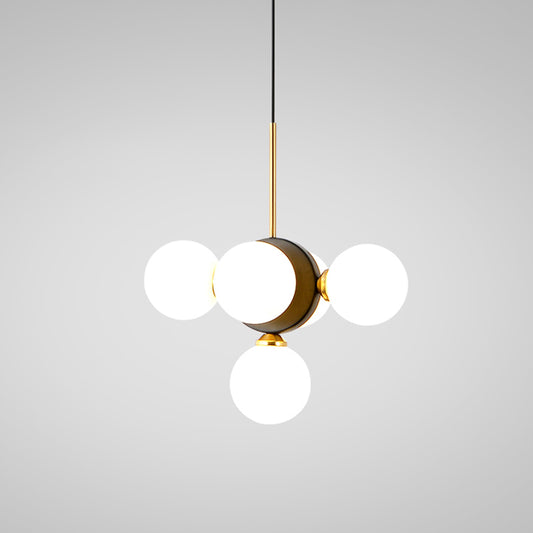 Orbs Restaurant Chandelier Pendant White/Amber Glass 5 Lights Mid Century Ceiling Suspension Lamp with Burst Design Clearhalo 'Ceiling Lights' 'Chandeliers' 'Glass shade' 'Glass' 'Modern Chandeliers' 'Modern' Lighting' 1476018