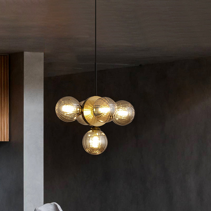 Orbs Restaurant Chandelier Pendant White/Amber Glass 5 Lights Mid Century Ceiling Suspension Lamp with Burst Design Amber Clearhalo 'Ceiling Lights' 'Chandeliers' 'Glass shade' 'Glass' 'Modern Chandeliers' 'Modern' Lighting' 1476021