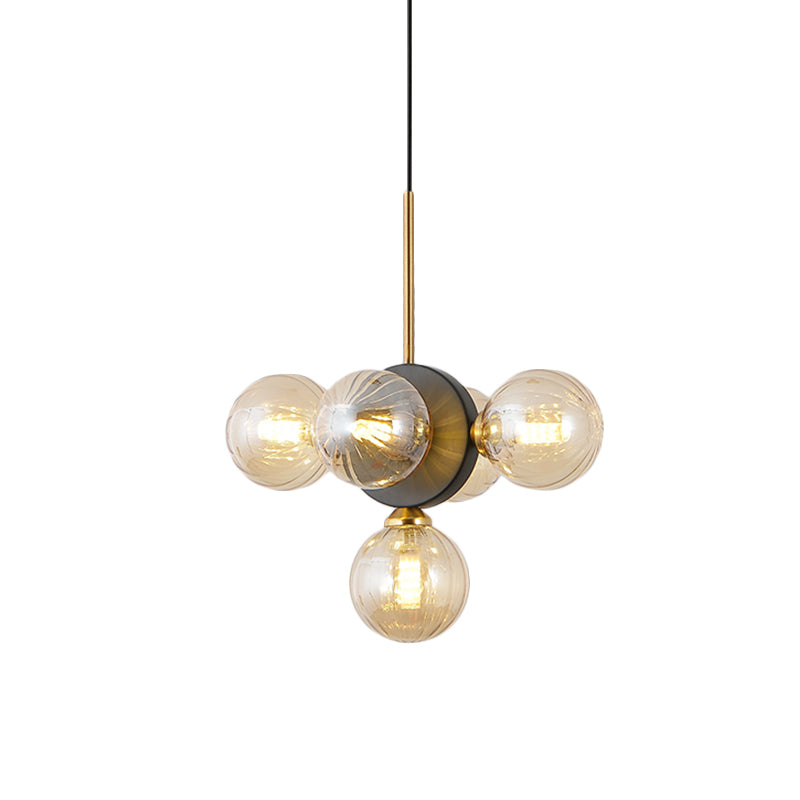 Orbs Restaurant Chandelier Pendant White/Amber Glass 5 Lights Mid Century Ceiling Suspension Lamp with Burst Design Clearhalo 'Ceiling Lights' 'Chandeliers' 'Glass shade' 'Glass' 'Modern Chandeliers' 'Modern' Lighting' 1476022