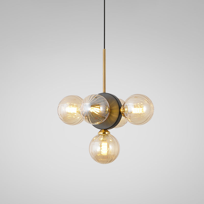 Orbs Restaurant Chandelier Pendant White/Amber Glass 5 Lights Mid Century Ceiling Suspension Lamp with Burst Design Clearhalo 'Ceiling Lights' 'Chandeliers' 'Glass shade' 'Glass' 'Modern Chandeliers' 'Modern' Lighting' 1476023