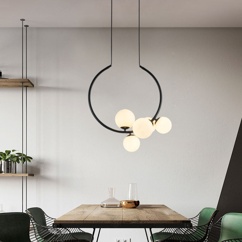 Black/White Open Circle Chandelier Lamp Modern Stylish 5 Heads Iron Pendant Lighting with Bubble Milk Glass Shade Black Clearhalo 'Ceiling Lights' 'Chandeliers' 'Close To Ceiling Lights' 'Glass shade' 'Glass' 'Modern Chandeliers' 'Modern' Lighting' 1476030