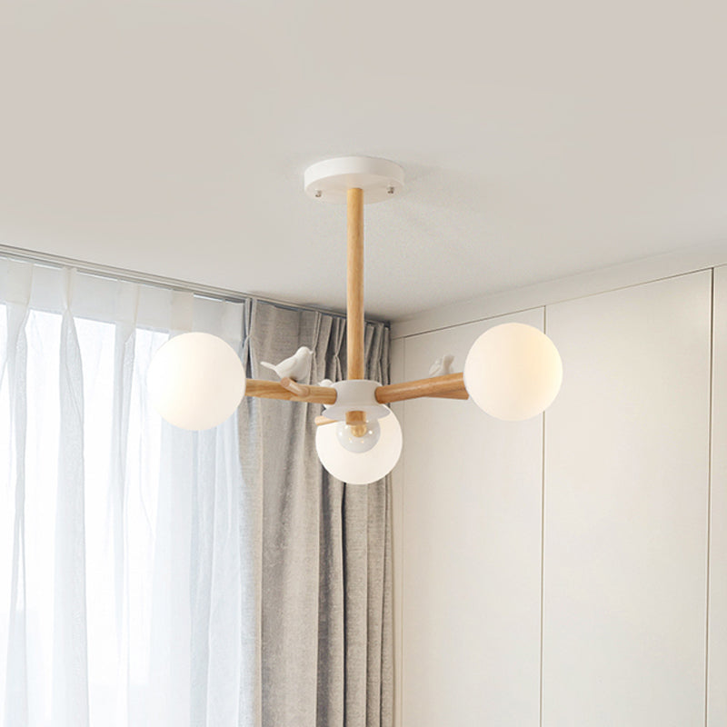 Radial Ceiling Mount Chandelier Nordic Wood 3/6-Bulb Bedroom Semi Mount Lighting with White Glass Shade and Bird Decor 3 White Clearhalo 'Ceiling Lights' 'Close To Ceiling Lights' 'Close to ceiling' 'Semi-flushmount' Lighting' 1476033