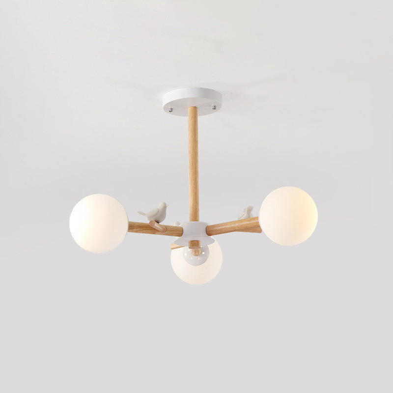 Radial Ceiling Mount Chandelier Nordic Wood 3/6-Bulb Bedroom Semi Mount Lighting with White Glass Shade and Bird Decor Clearhalo 'Ceiling Lights' 'Close To Ceiling Lights' 'Close to ceiling' 'Semi-flushmount' Lighting' 1476035