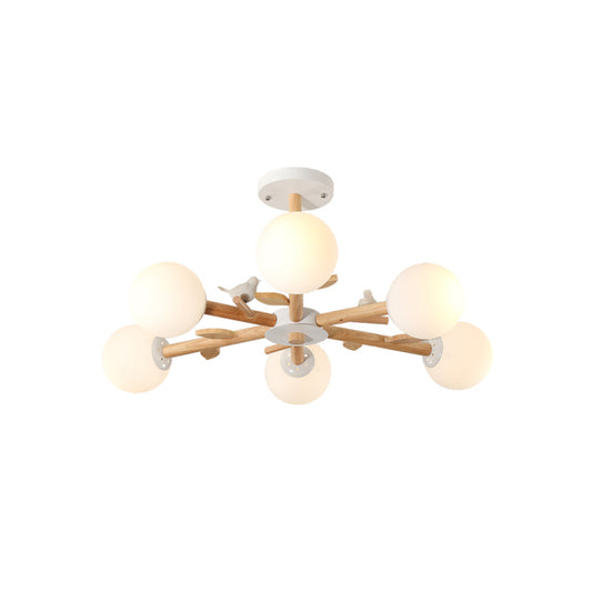 Radial Ceiling Mount Chandelier Nordic Wood 3/6-Bulb Bedroom Semi Mount Lighting with White Glass Shade and Bird Decor Clearhalo 'Ceiling Lights' 'Close To Ceiling Lights' 'Close to ceiling' 'Semi-flushmount' Lighting' 1476039
