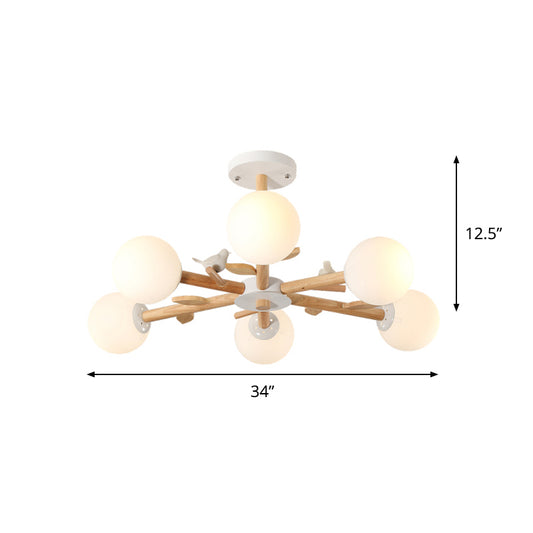 Radial Ceiling Mount Chandelier Nordic Wood 3/6-Bulb Bedroom Semi Mount Lighting with White Glass Shade and Bird Decor Clearhalo 'Ceiling Lights' 'Close To Ceiling Lights' 'Close to ceiling' 'Semi-flushmount' Lighting' 1476041