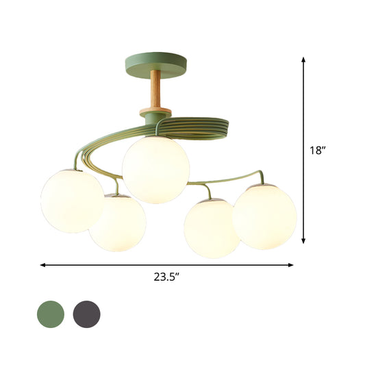 Swirl Flush Chandelier Nordic Iron 5 Bulbs Grey/Green Semi Flush Ceiling Light with Orb Glass Shade and Wood Downrod Clearhalo 'Ceiling Lights' 'Chandeliers' 'Close To Ceiling Lights' 'Close to ceiling' 'Glass shade' 'Glass' 'Island Lights' 'Semi-flushmount' Lighting' 1476046