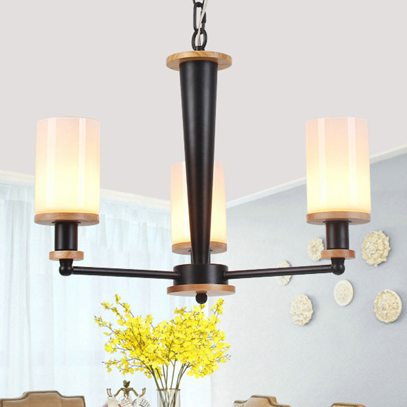 Opal Frosted Glass Column Chandelier Mid-Century 3 Lights Pendant Ceiling Light in Black Black Clearhalo 'Ceiling Lights' 'Chandeliers' 'Glass shade' 'Glass' 'Island Lights' 'Modern Chandeliers' 'Modern' Lighting' 1476051