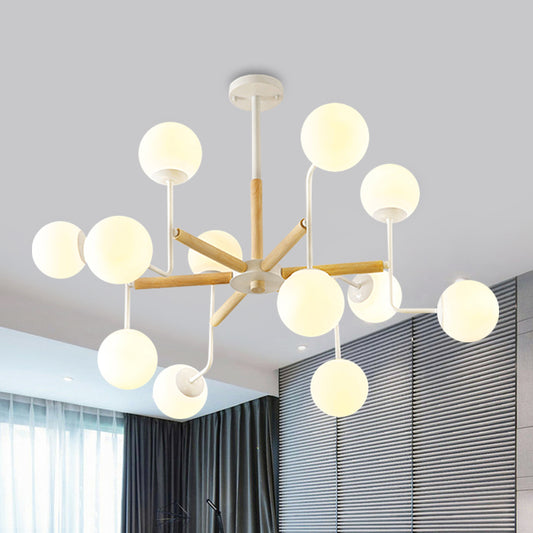 Nordic Starburst Wood Ceiling Mount Light 12 Heads Semi Flush Chandelier in White with Ball Milky Glass Shade White Clearhalo 'Ceiling Lights' 'Close To Ceiling Lights' 'Close to ceiling' 'Semi-flushmount' Lighting' 1476075