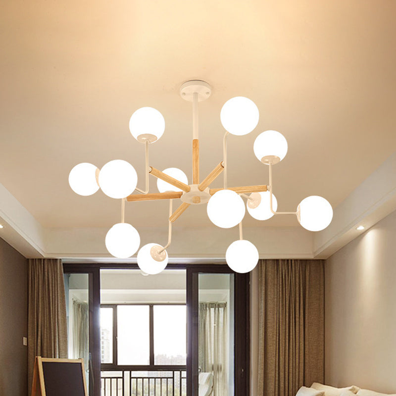 Nordic Starburst Wood Ceiling Mount Light 12 Heads Semi Flush Chandelier in White with Ball Milky Glass Shade Clearhalo 'Ceiling Lights' 'Close To Ceiling Lights' 'Close to ceiling' 'Semi-flushmount' Lighting' 1476076