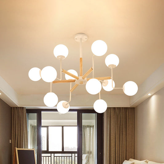 Nordic Starburst Wood Ceiling Mount Light 12 Heads Semi Flush Chandelier in White with Ball Milky Glass Shade Clearhalo 'Ceiling Lights' 'Close To Ceiling Lights' 'Close to ceiling' 'Semi-flushmount' Lighting' 1476076