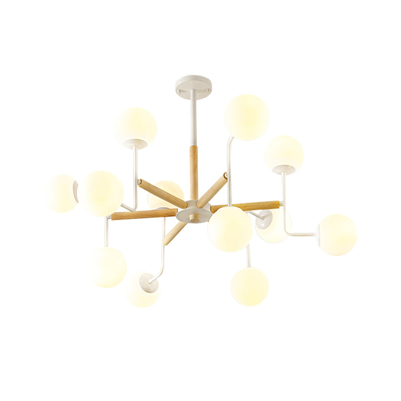 Nordic Starburst Wood Ceiling Mount Light 12 Heads Semi Flush Chandelier in White with Ball Milky Glass Shade Clearhalo 'Ceiling Lights' 'Close To Ceiling Lights' 'Close to ceiling' 'Semi-flushmount' Lighting' 1476077