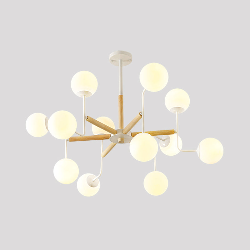 Nordic Starburst Wood Ceiling Mount Light 12 Heads Semi Flush Chandelier in White with Ball Milky Glass Shade Clearhalo 'Ceiling Lights' 'Close To Ceiling Lights' 'Close to ceiling' 'Semi-flushmount' Lighting' 1476078