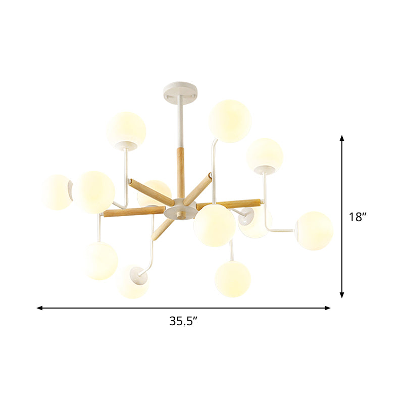 Nordic Starburst Wood Ceiling Mount Light 12 Heads Semi Flush Chandelier in White with Ball Milky Glass Shade Clearhalo 'Ceiling Lights' 'Close To Ceiling Lights' 'Close to ceiling' 'Semi-flushmount' Lighting' 1476079